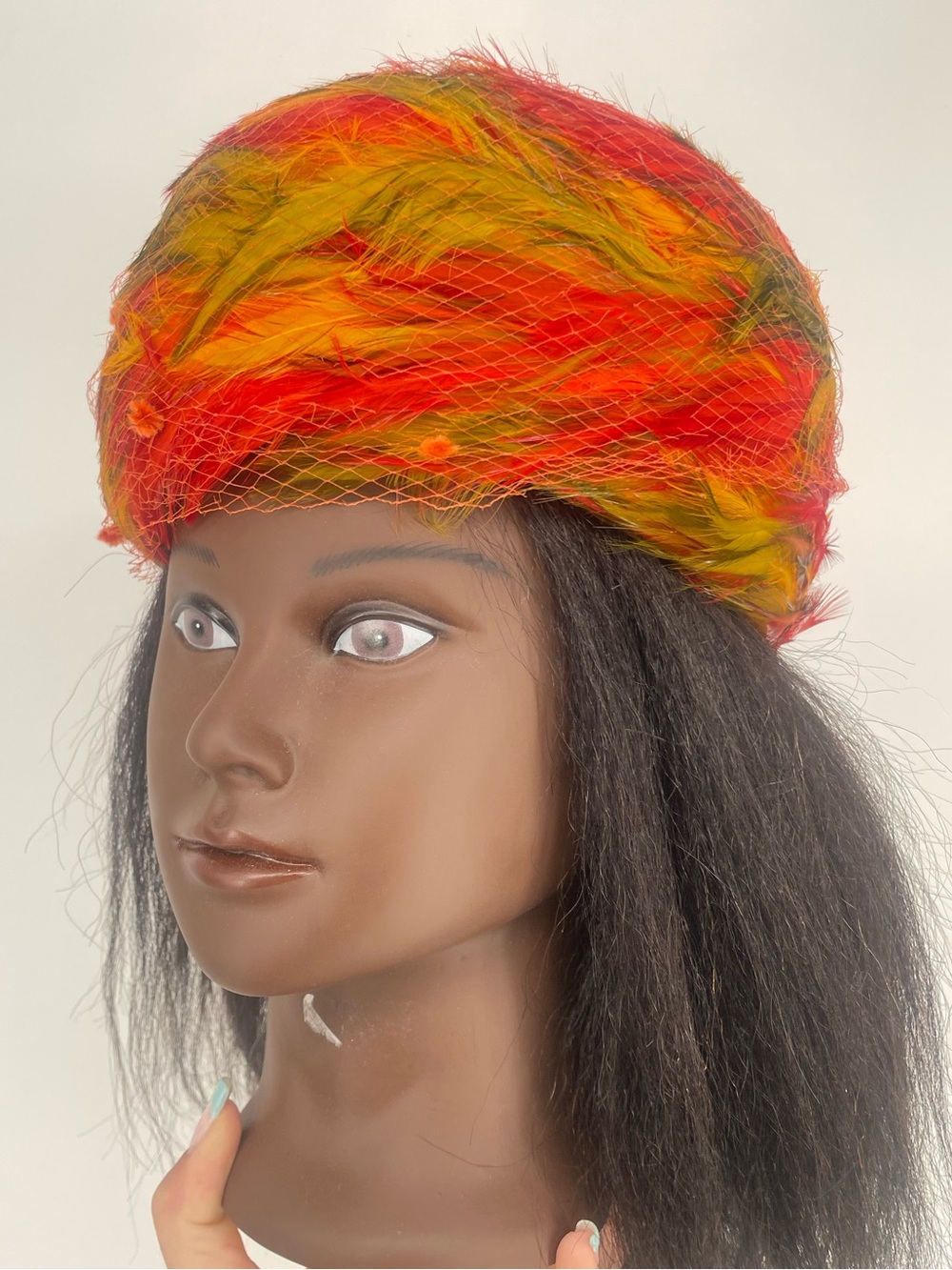 60s Mid Century Red Orange Feathered Pillbox Hat w Netting Union Made Wool Base - Picture 2 of 13